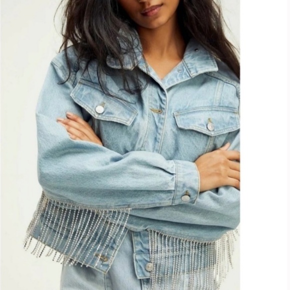 Free People Comet Rhinestone Fringe Denim Bomber Jacket in Meteor Wash - Picture 2 of 6
